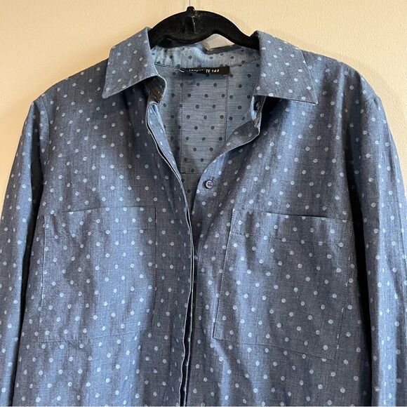 ✨ Lafayette 148 Women’s Blue Polka Dot Button Down Shirt Top Small - Picture 2 of 10